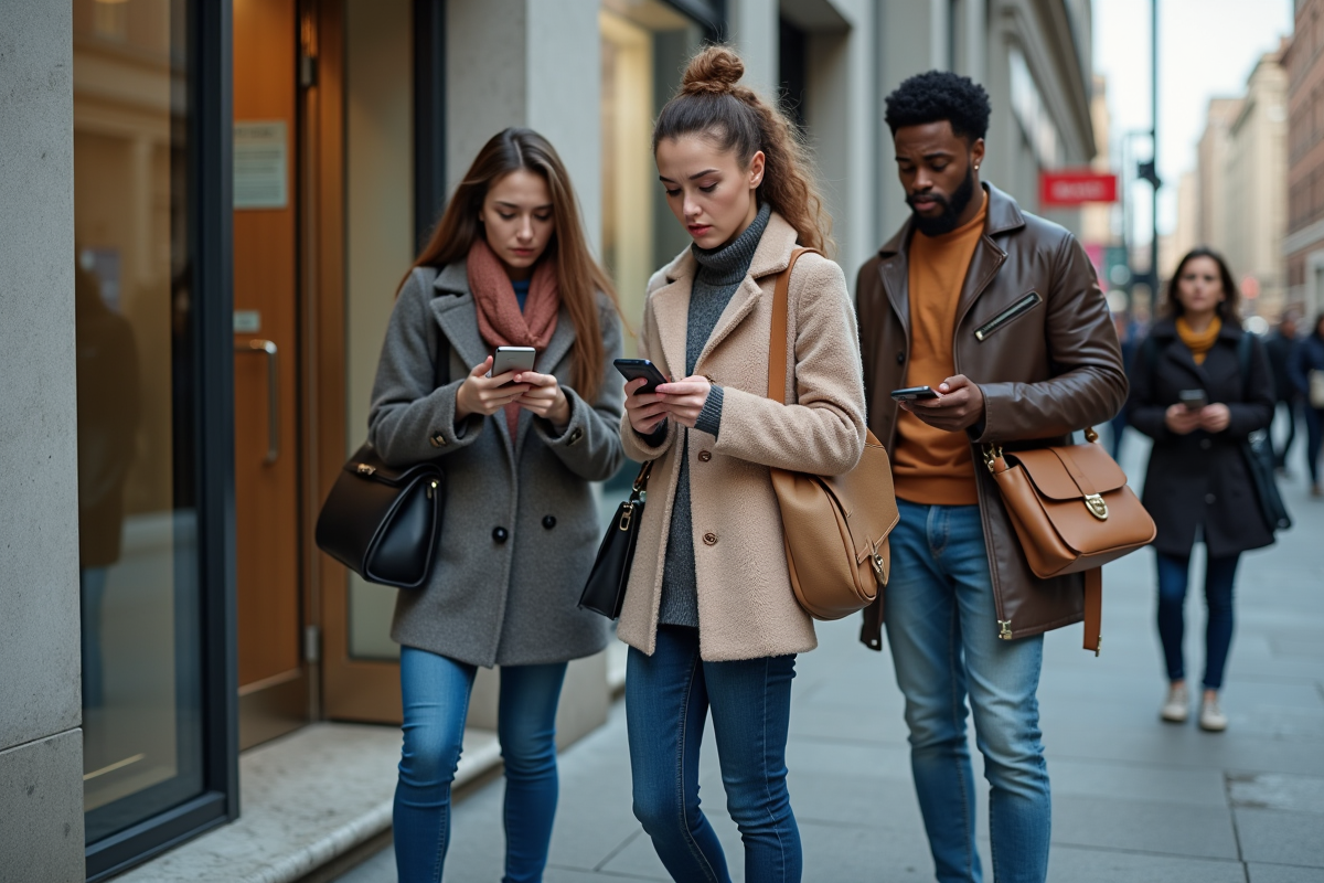 Groupe de jeunes devant une banque en ville