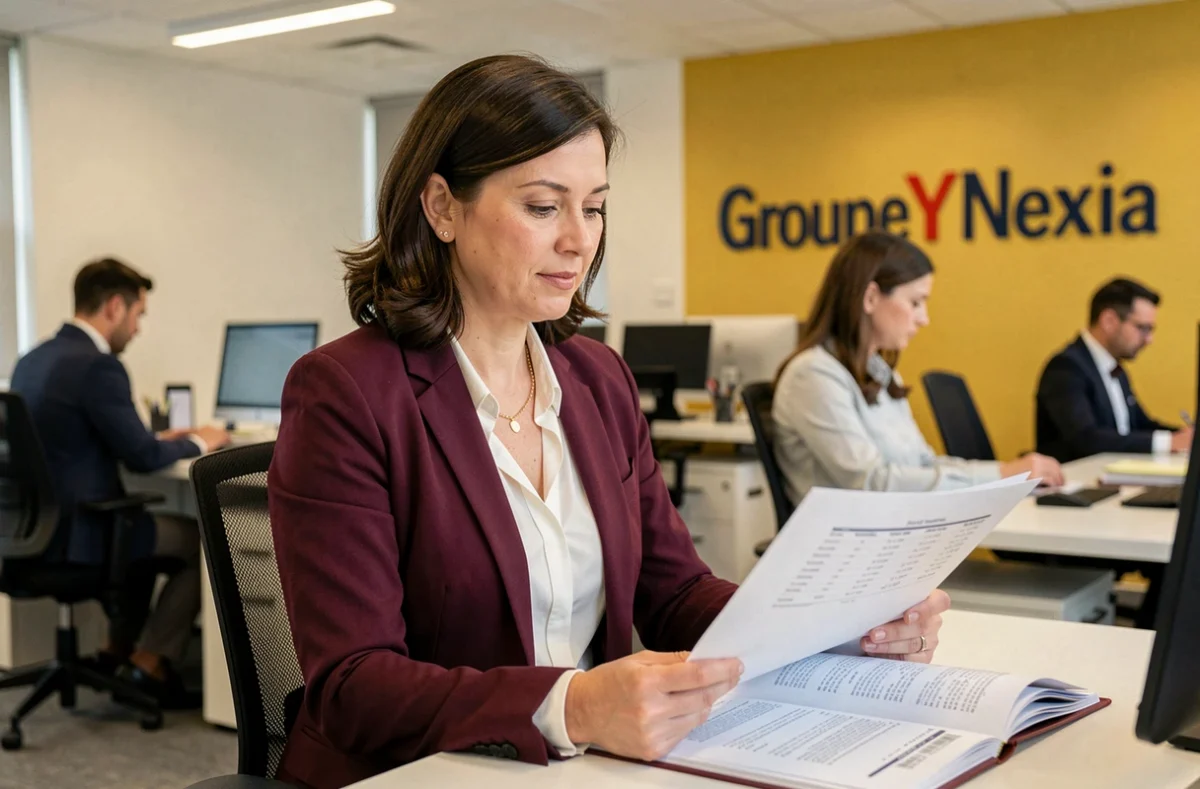 Experte-comptable du Groupe Y Nexia analysant un rapport financier dans les bureaux modernes du cabinet dans le Morbihan