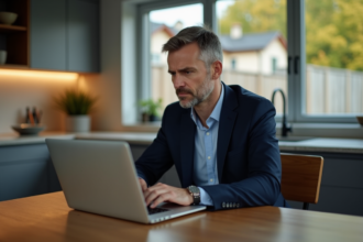 Homme d'affaires pensif seul à la cuisine moderne