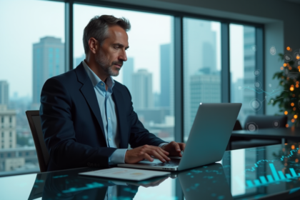 Homme d'affaires analysant des graphiques numériques dans un bureau moderne