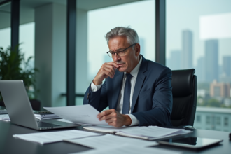 Homme d affaires inquiet tenant des documents financiers