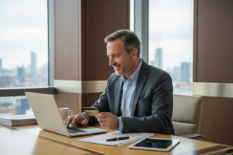 Homme d'affaires souriant avec carte de crédit en main