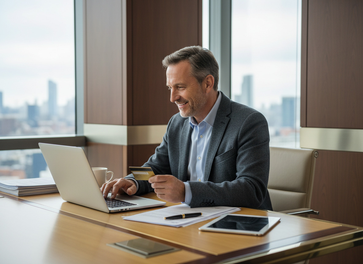 Homme d'affaires souriant avec carte de crédit en main