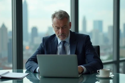 Homme d'affaires anxieux dans un bureau urbain moderne