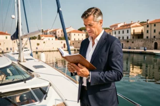 Homme d'affaires consultant des documents juridiques à bord d'un yacht de luxe dans un port méditerranéen, illustrant l'optimisation fiscale sous pavillon andorran