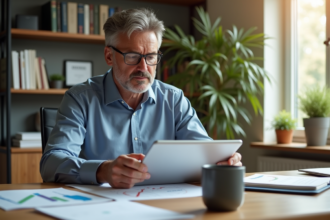 Homme d'âge moyen analysant des graphiques de dividendes sur tablette