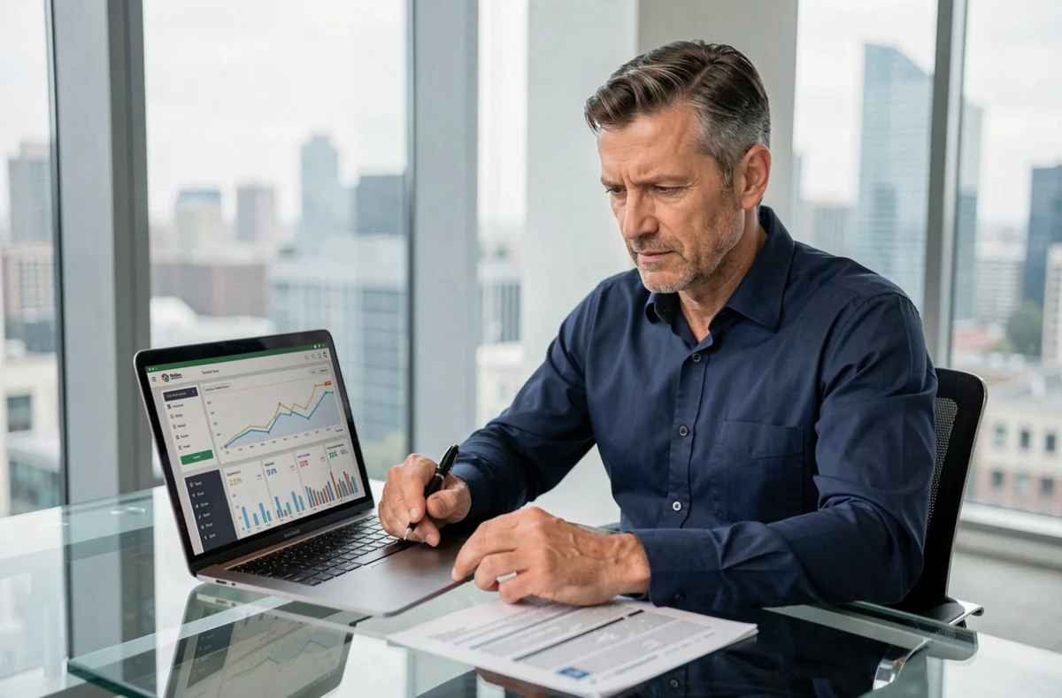 Homme d'âge moyen analysant ses finances sur un tableau de bord bancaire Société Générale sur ordinateur portable dans un appartement moderne