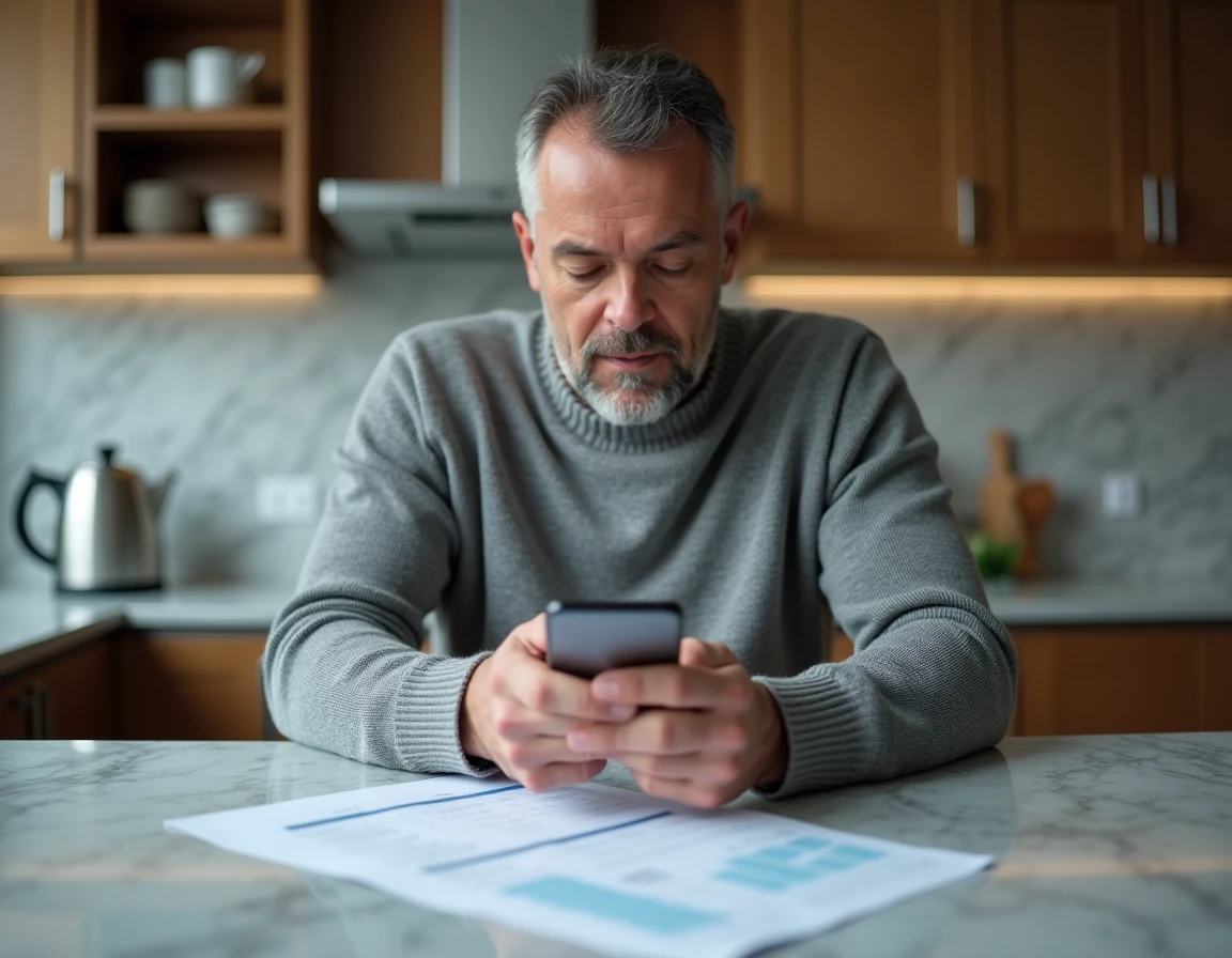 Homme consultant son application bancaire sur smartphone pour gérer un virement de 200 euros reçu
