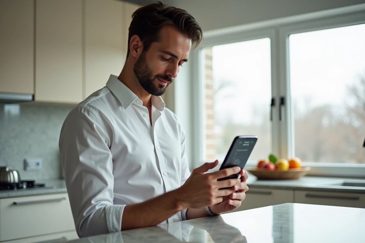 Homme vérifiant ses virements et prélèvements bancaires sur application mobile dans une cuisine moderne