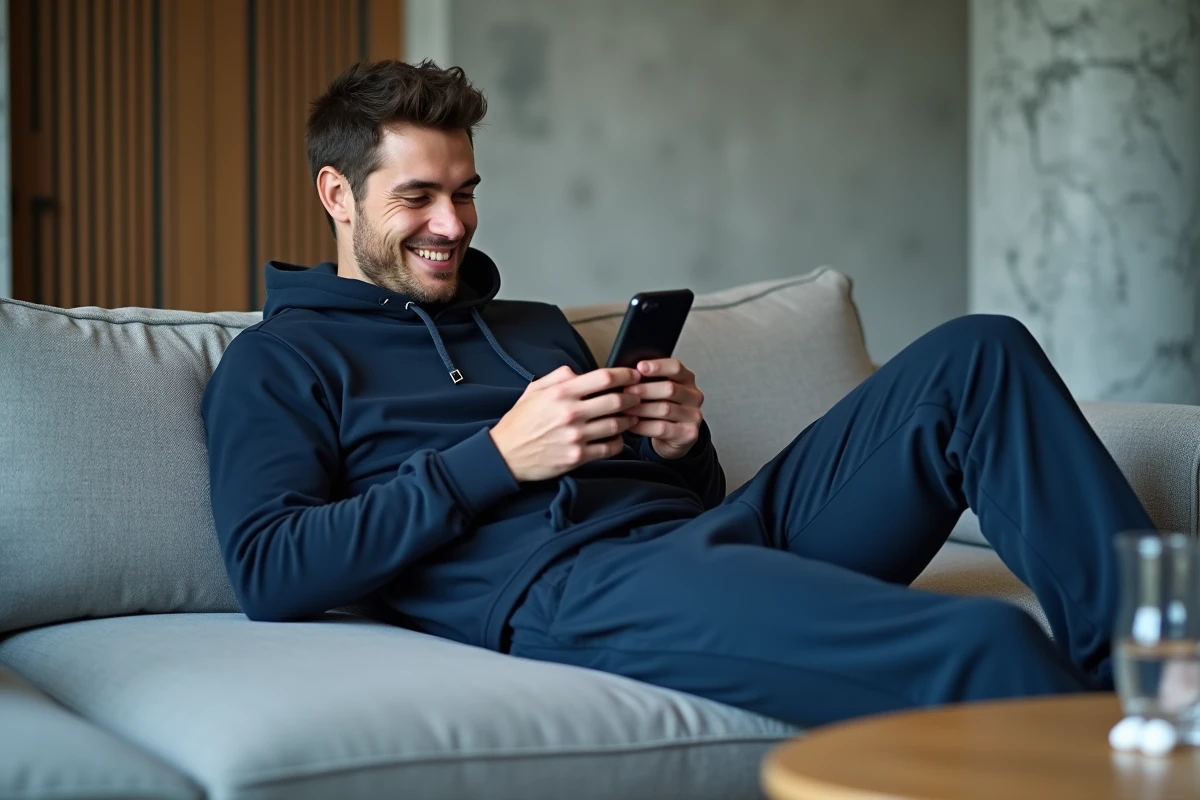 Jeune homme utilisant une application de sondages rémunérés sur son smartphone depuis son salon pour gagner des revenus complémentaires