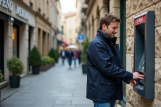 Homme en veste marine retire de l'argent à un distributeur en ville