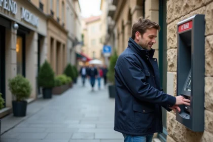 Homme en veste marine retire de l'argent à un distributeur en ville