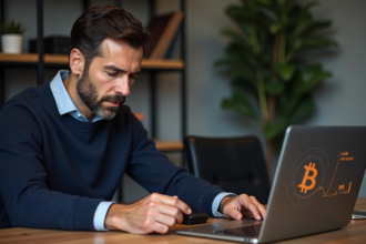 Homme d'âge moyen avec ordinateur et portefeuille Bitcoin