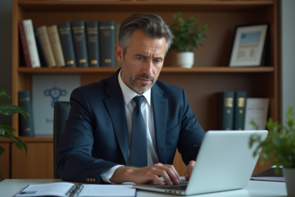 Homme en costume travaillant dans un bureau à domicile avec livres et diagramme blockchain