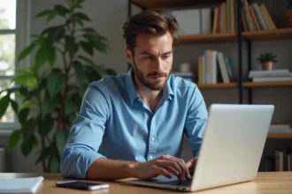 Homme concentré travaillant sur son ordinateur dans un bureau moderne