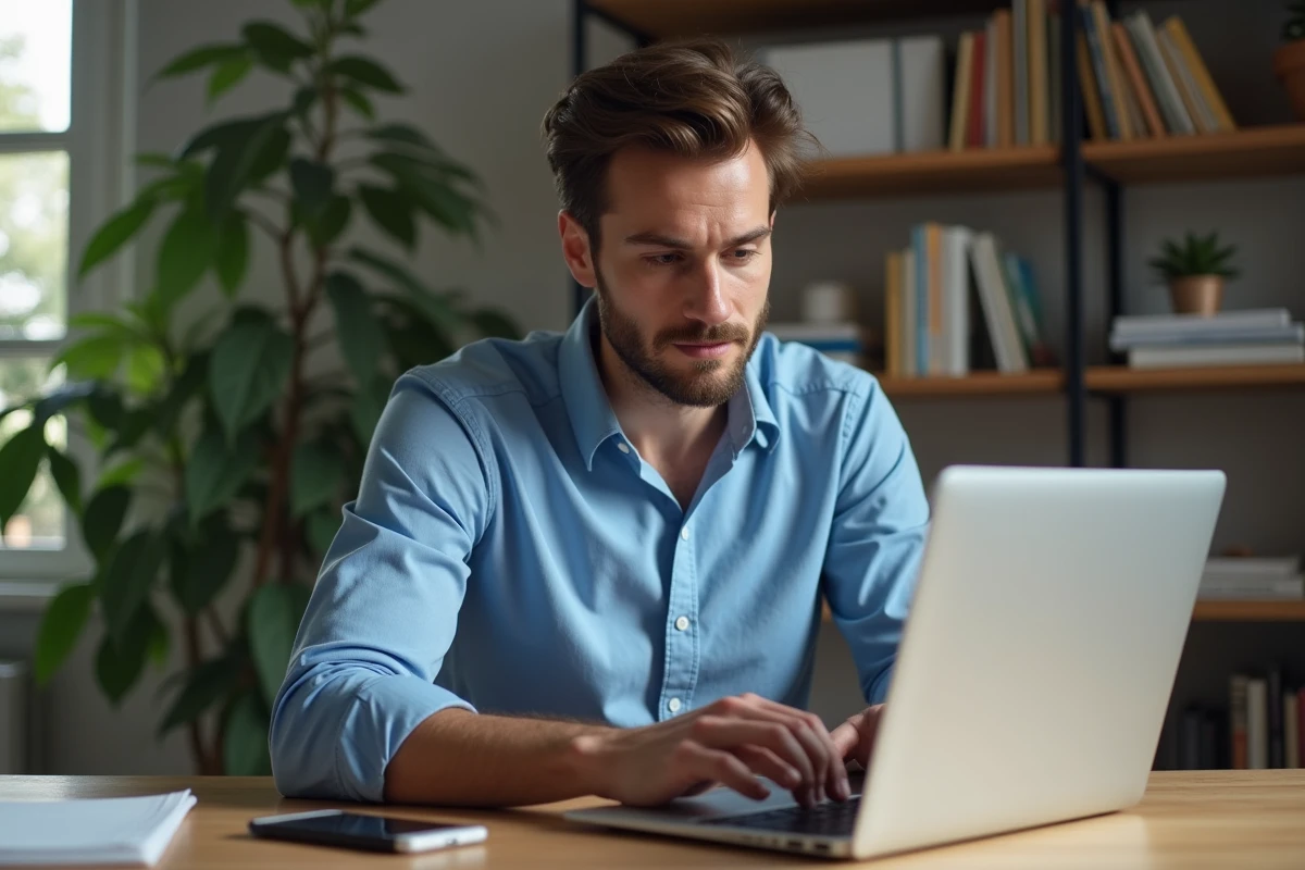 Homme concentré travaillant sur son ordinateur dans un bureau moderne
