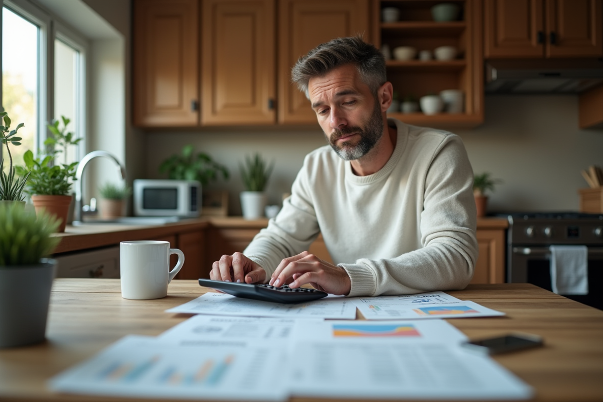 Homme relaxe utilisant une calculatrice dans sa cuisine