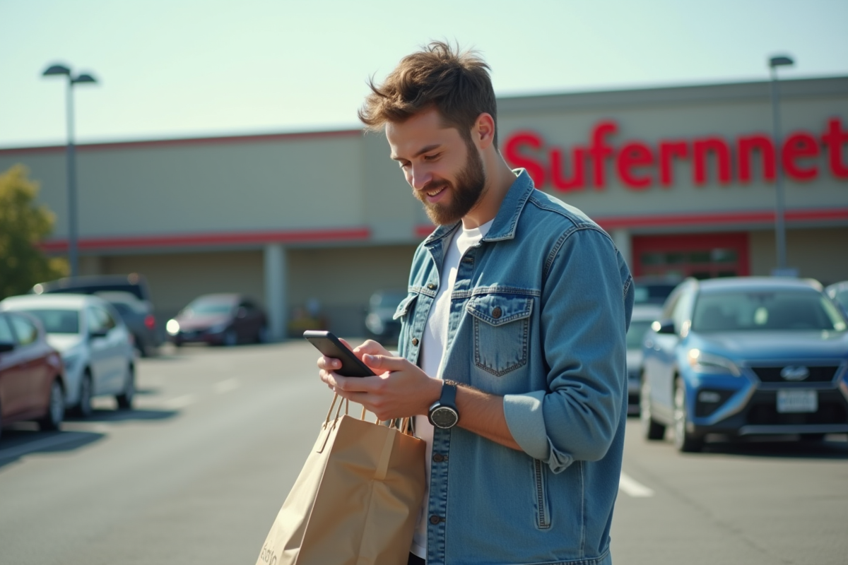 Homme vérifiant un ticket de caisse au supermarche
