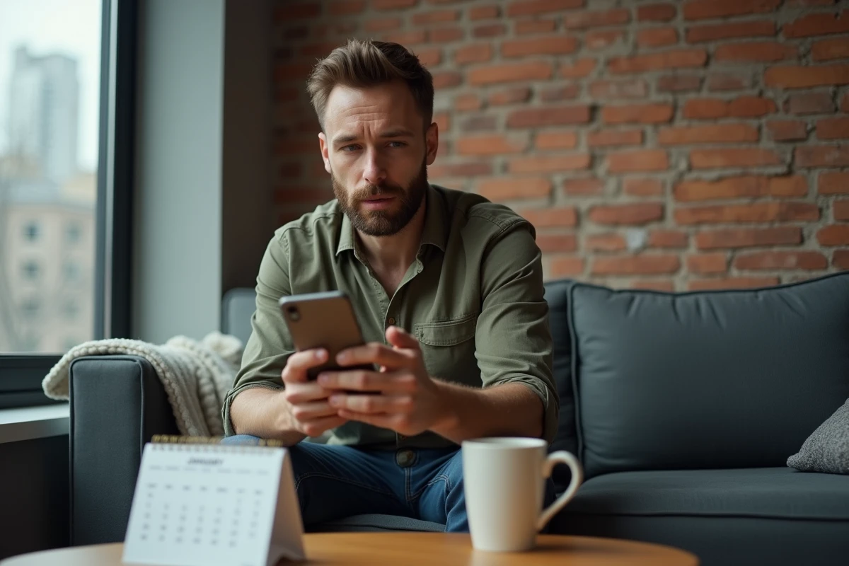 Homme consultant une application de comparaison de taux immobiliers sur son téléphone depuis son salon en début d'année