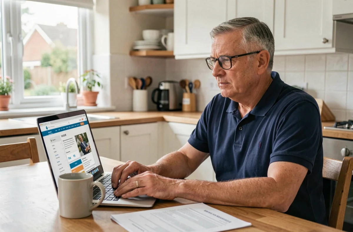 Homme comparant des offres d'assurance emprunteur en ligne sur son ordinateur pour diminuer sa surprime de prêt