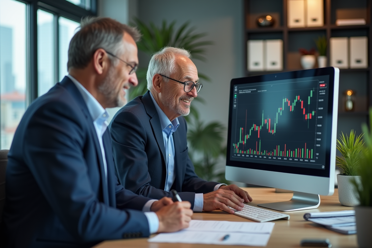 Homme et conseiller analysent un graphique financier au bureau