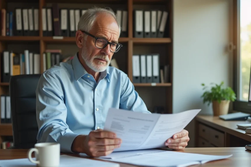 Un homme d'une cinquantaine d'années consulte ses documents de retraite entreprise à son bureau à domicile