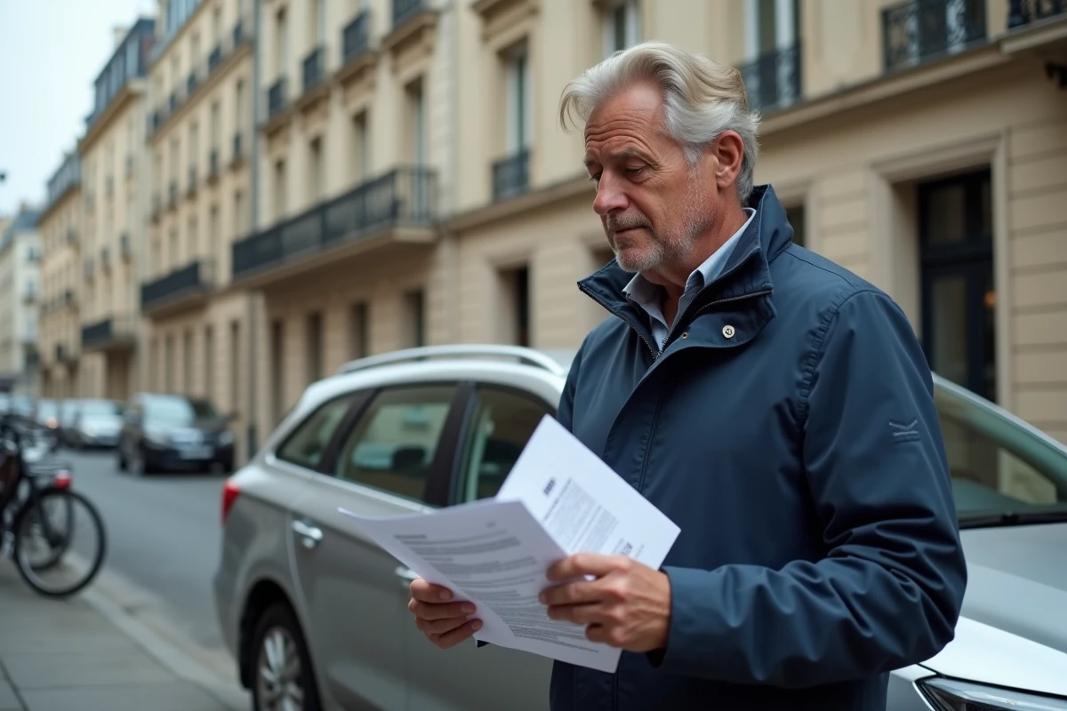 Homme tenant un contrat d'assurance Pacifica devant sa voiture dans une rue parisienne
