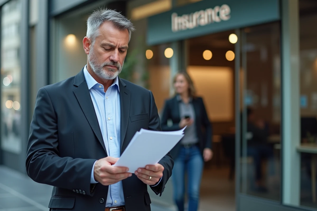 Homme examine un contrat d assurance devant une agence