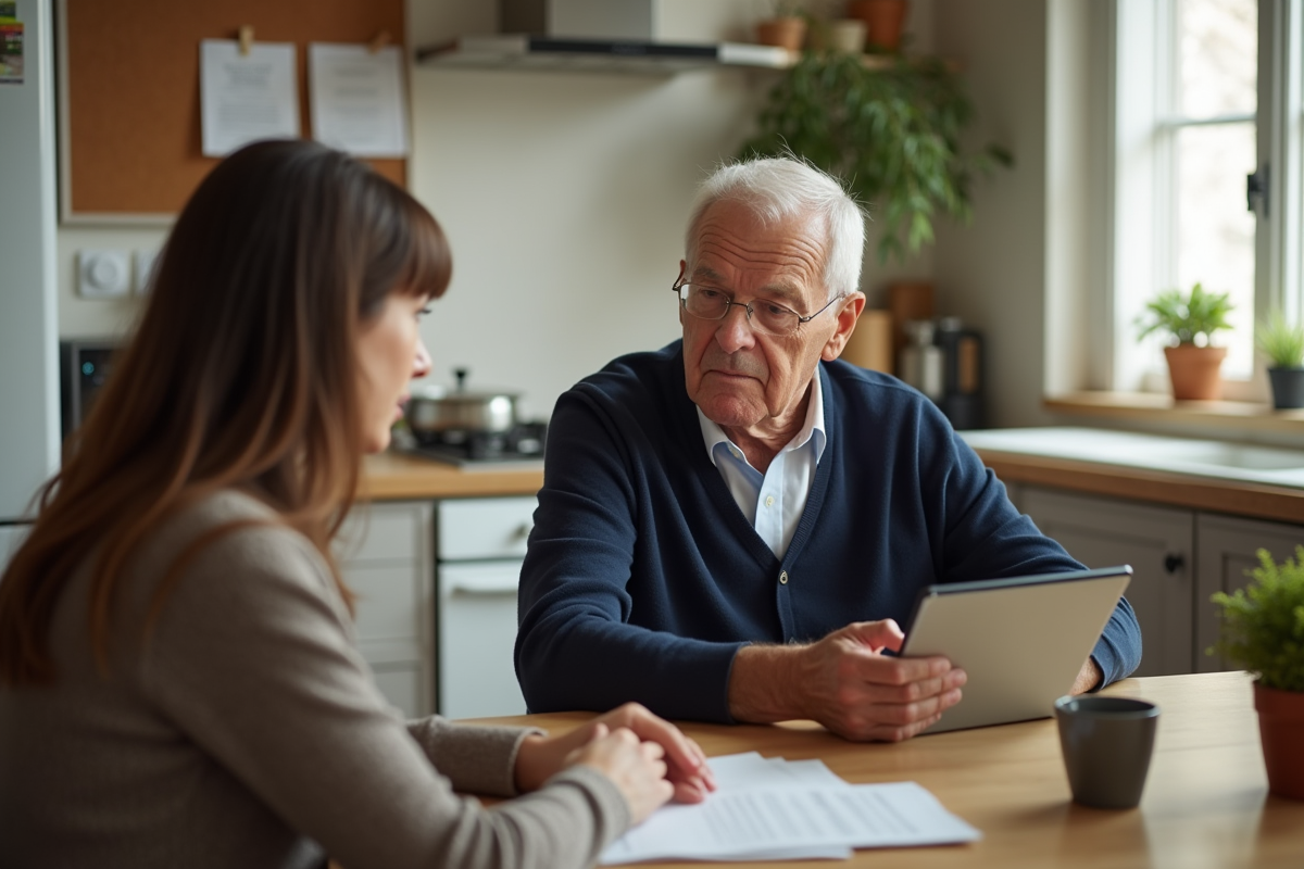 Homme âgé discutant avec une femme dans une cuisine chaleureuse