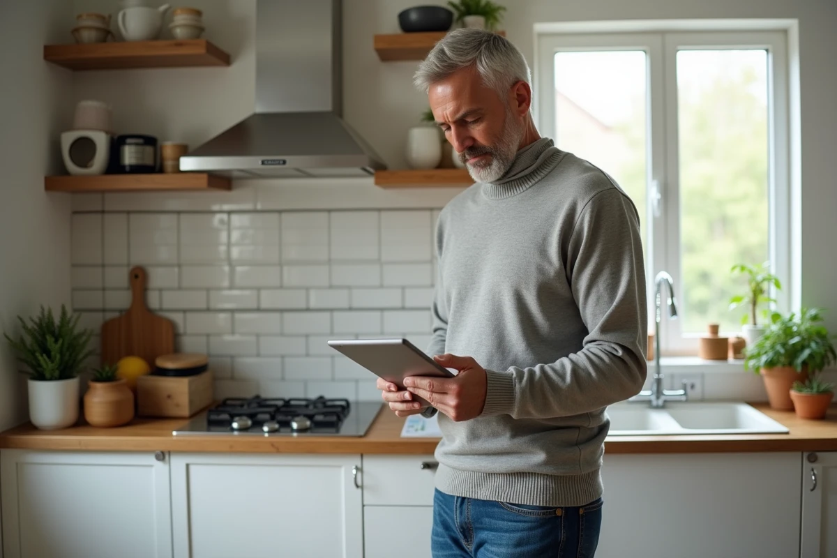 Homme utilisant une tablette pour simuler son salaire en cuisine