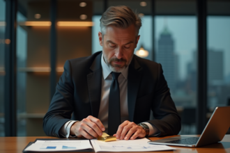 Homme d'affaires examinant une barre d'or dans un bureau moderne