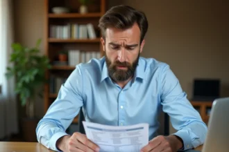 Homme de 40 ans examinant des documents d'assurance emprunteur sur son bureau à domicile, illustrant le coût réel de l'assurance de prêt immobilier