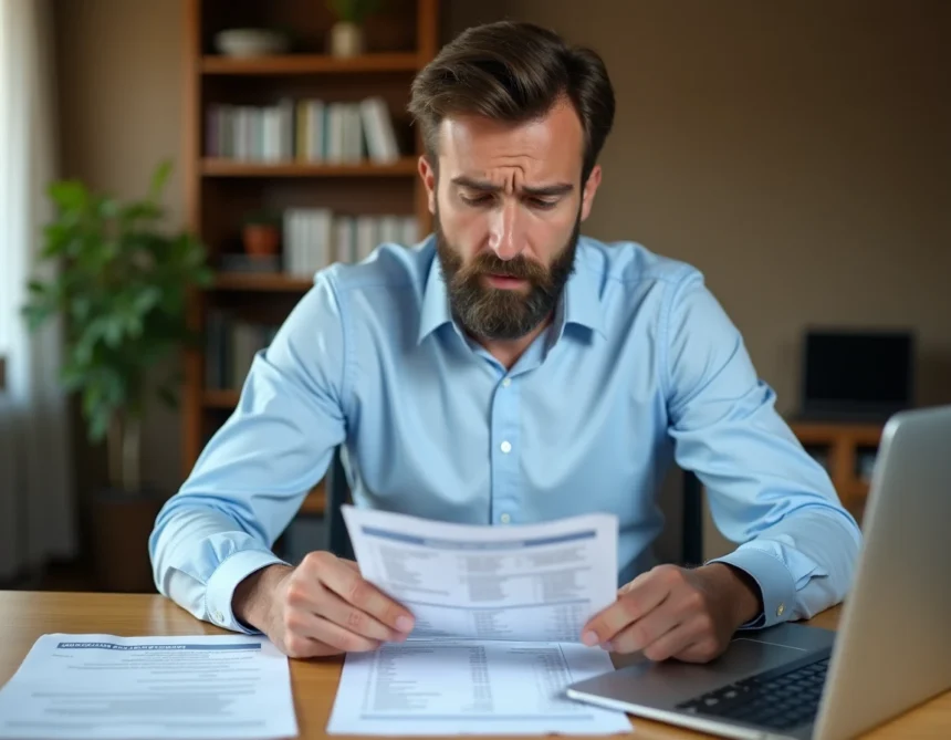 Homme de 40 ans examinant des documents d'assurance emprunteur sur son bureau à domicile, illustrant le coût réel de l'assurance de prêt immobilier