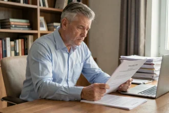 Homme d'âge mûr examinant des documents d'assurance emprunteur à son bureau, cherchant à réduire sa surprime