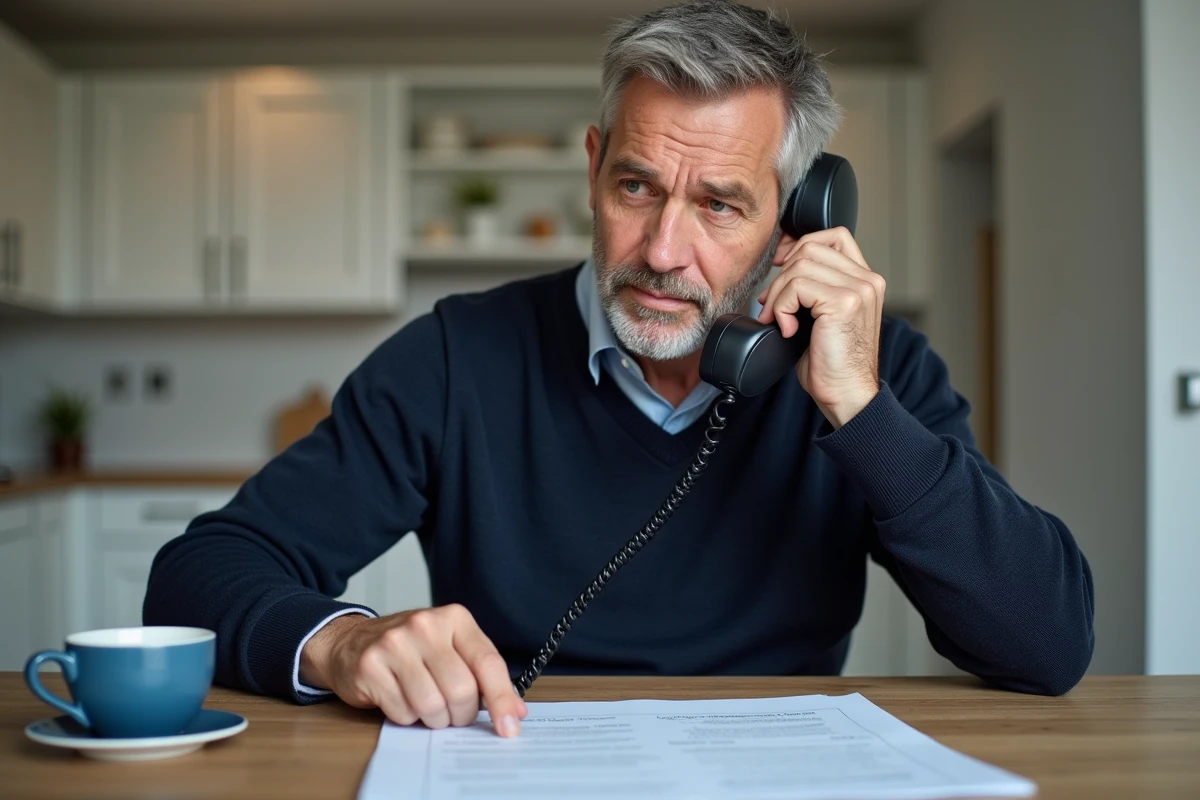 Homme consultant ses documents d'assurance ECA tout en téléphonant au service client