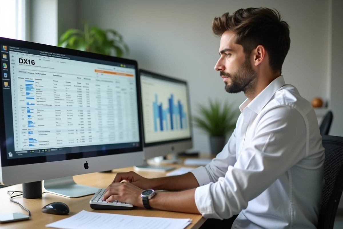 Jeune homme convertissant des devises sur un moniteur d