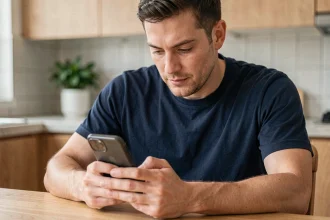 Homme utilisant son smartphone pour envoyer de l'argent Western Union depuis son appartement