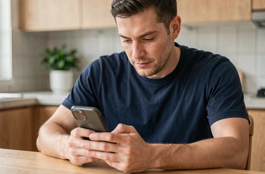 Homme utilisant son smartphone pour envoyer de l'argent Western Union depuis son appartement