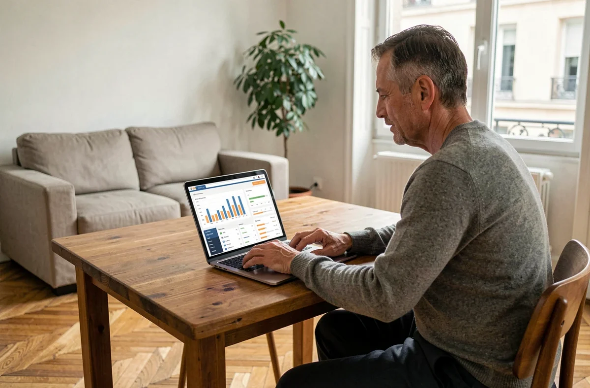 Homme consultant un tableau de bord d'épargne SCPI sur ordinateur portable dans un appartement parisien