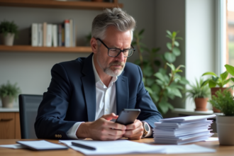 Homme d'âge moyen en costume bleu examine des documents financiers