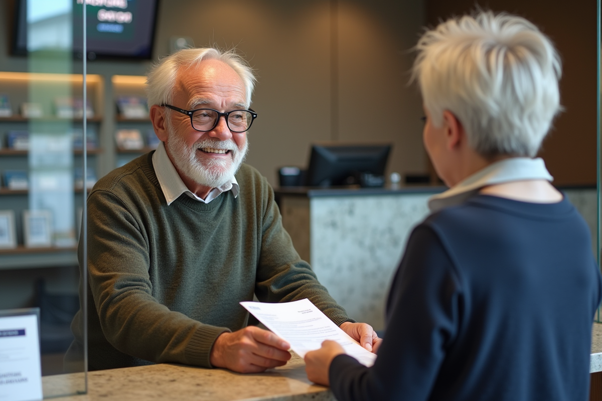 Homme âgé remet formulaire au guichet de banque