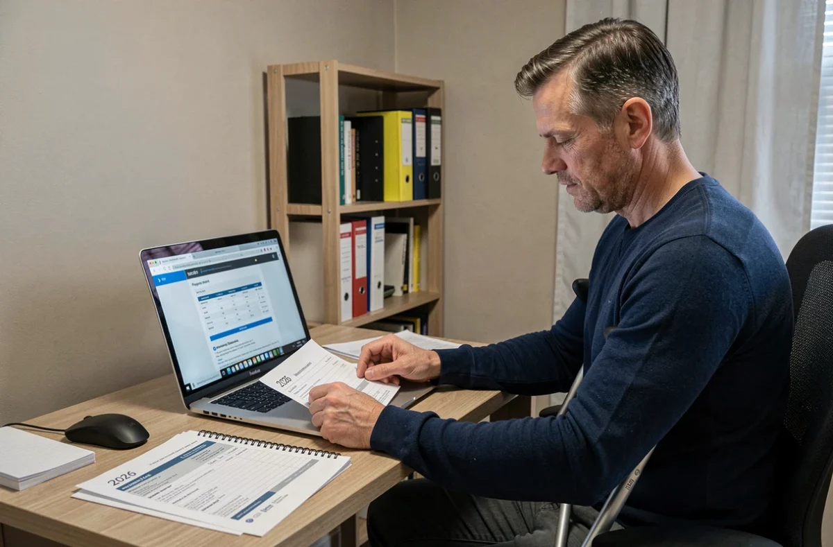 Homme en situation de handicap consultant le calendrier des paiements de pension d'invalidité 2026 sur ordinateur portable dans un bureau à domicile