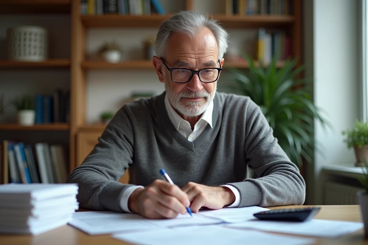 Homme âgé remplit sa déclaration fiscale à son bureau
