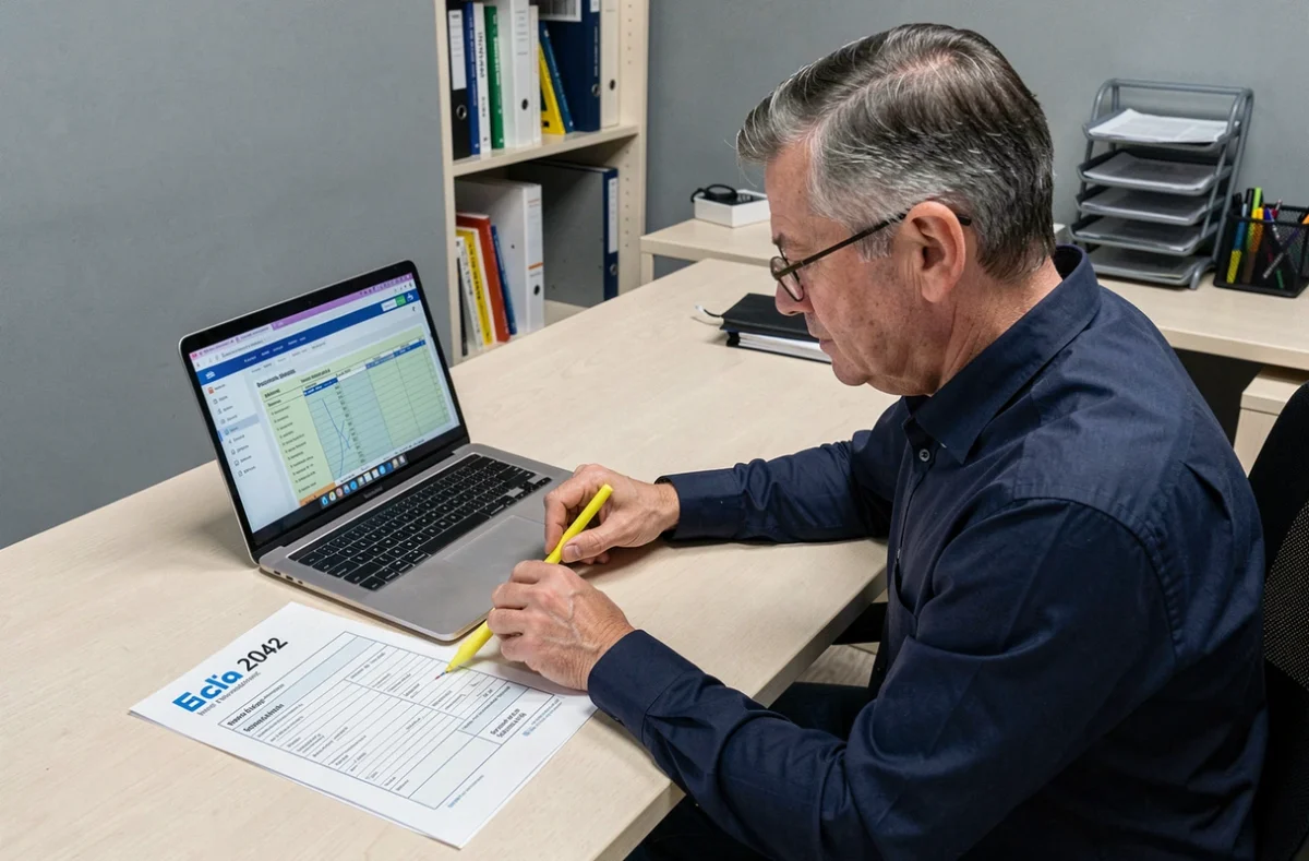 Homme marquant la case 2BH sur son imprimé fiscal 2042 devant un ordinateur portable