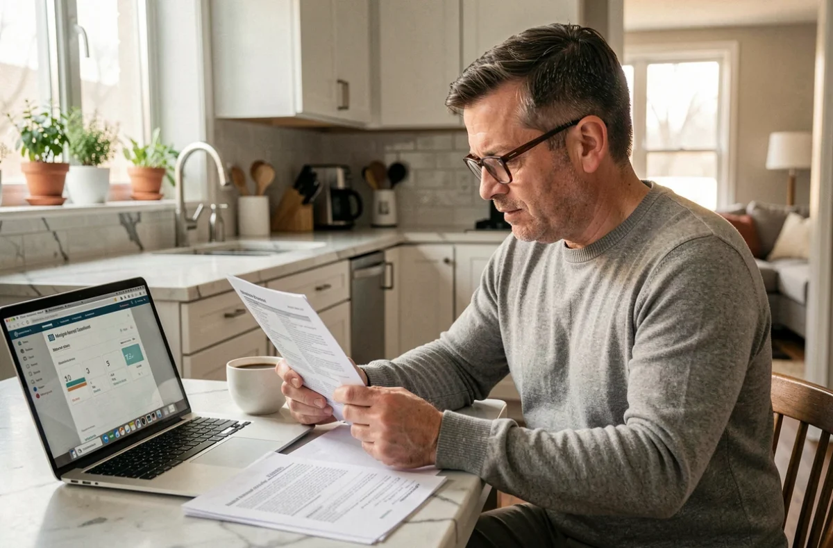Homme lisant son contrat d'assurance emprunteur à domicile avec un café et un ordinateur portable