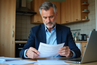 Homme d'âge moyen lisant ses documents financiers dans la cuisine