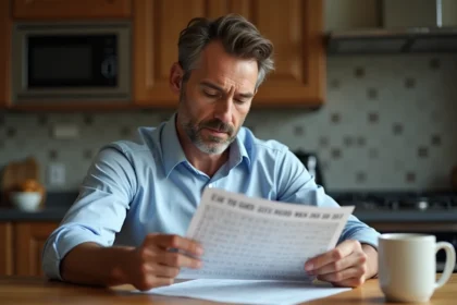 Homme d'âge moyen étudiant un grille de Euromillions à la maison