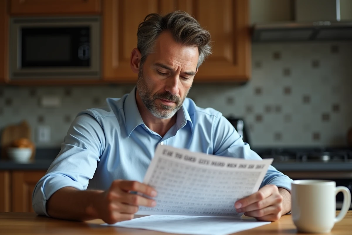 Homme d'âge moyen étudiant un grille de Euromillions à la maison