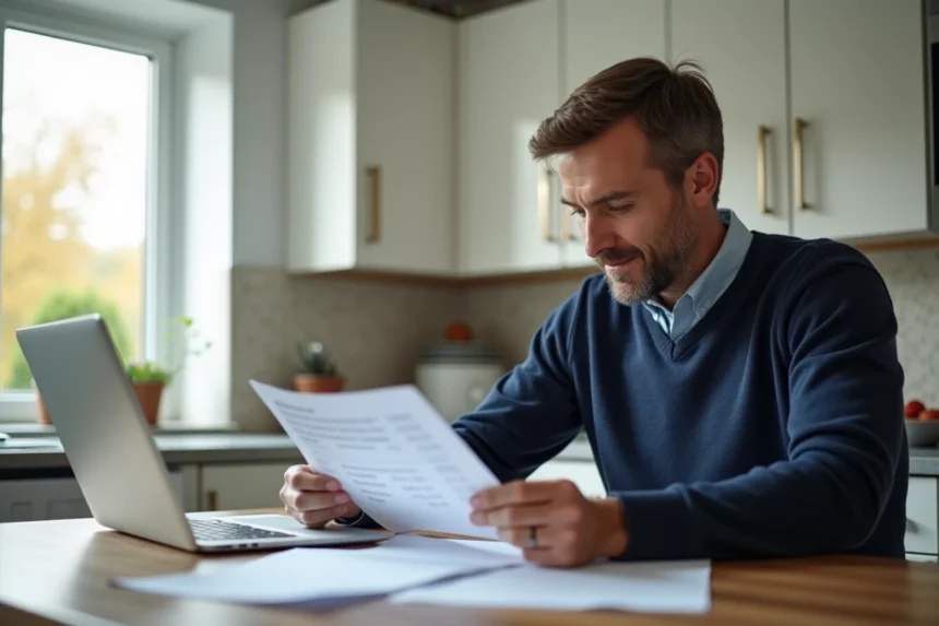 Homme d'âge moyen lisant des papiers dans une cuisine moderne