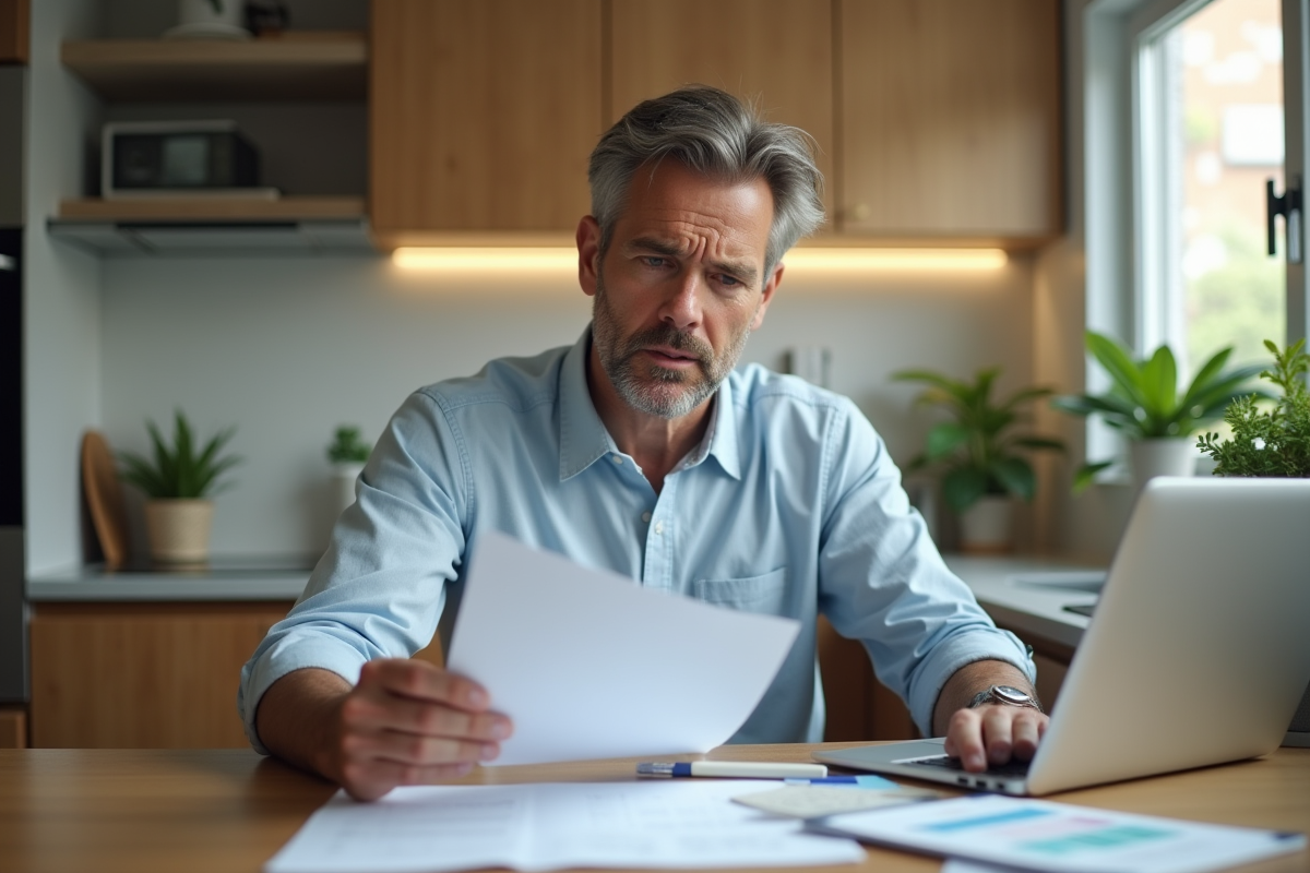 Homme d'une quarantaine lisant des papiers dans une cuisine moderne